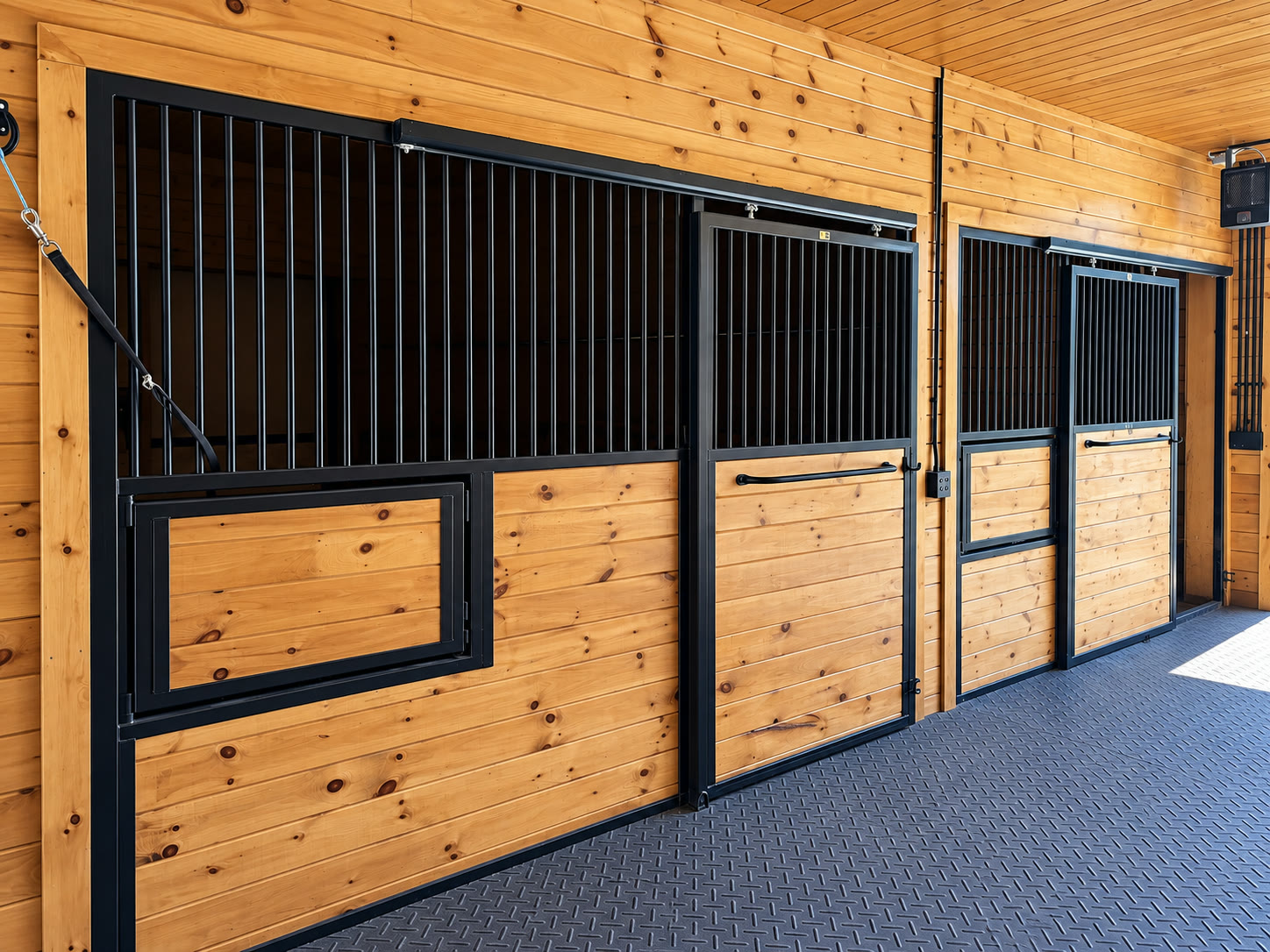 Stained wood horse stall door and hardware